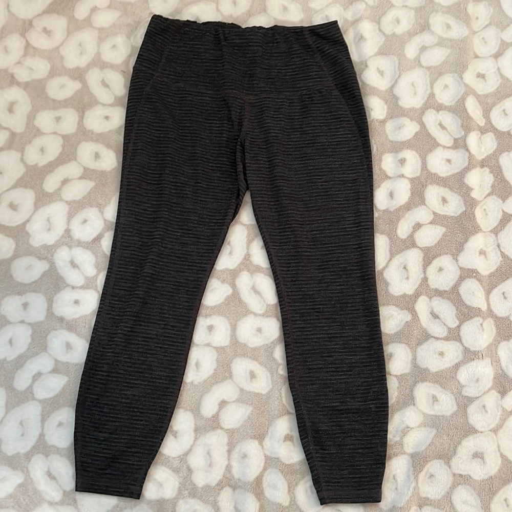 Black and Grey Striped High Waisted Leggings, 7/8 length